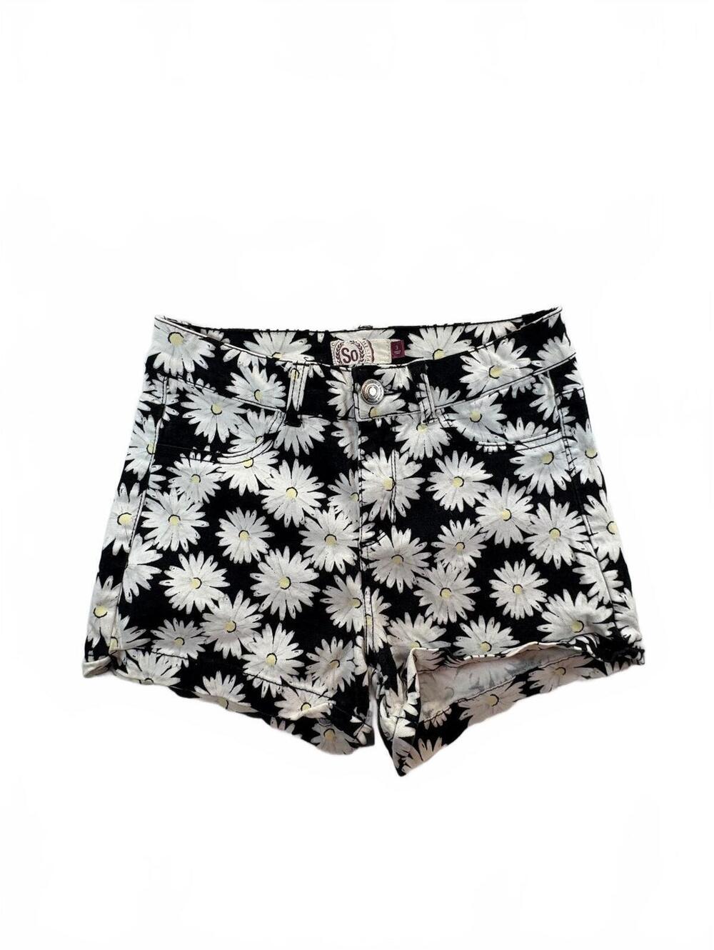 SO Women’s Size 3 Black White Daisy Floral High Rise Denim Shorts Stretch